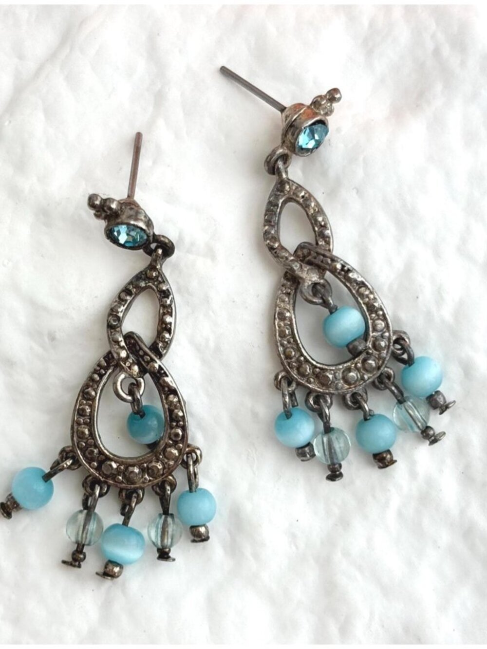 Chandelier Style Vintage Blue Beaded Beaded & Textured Silver Toned Earrings